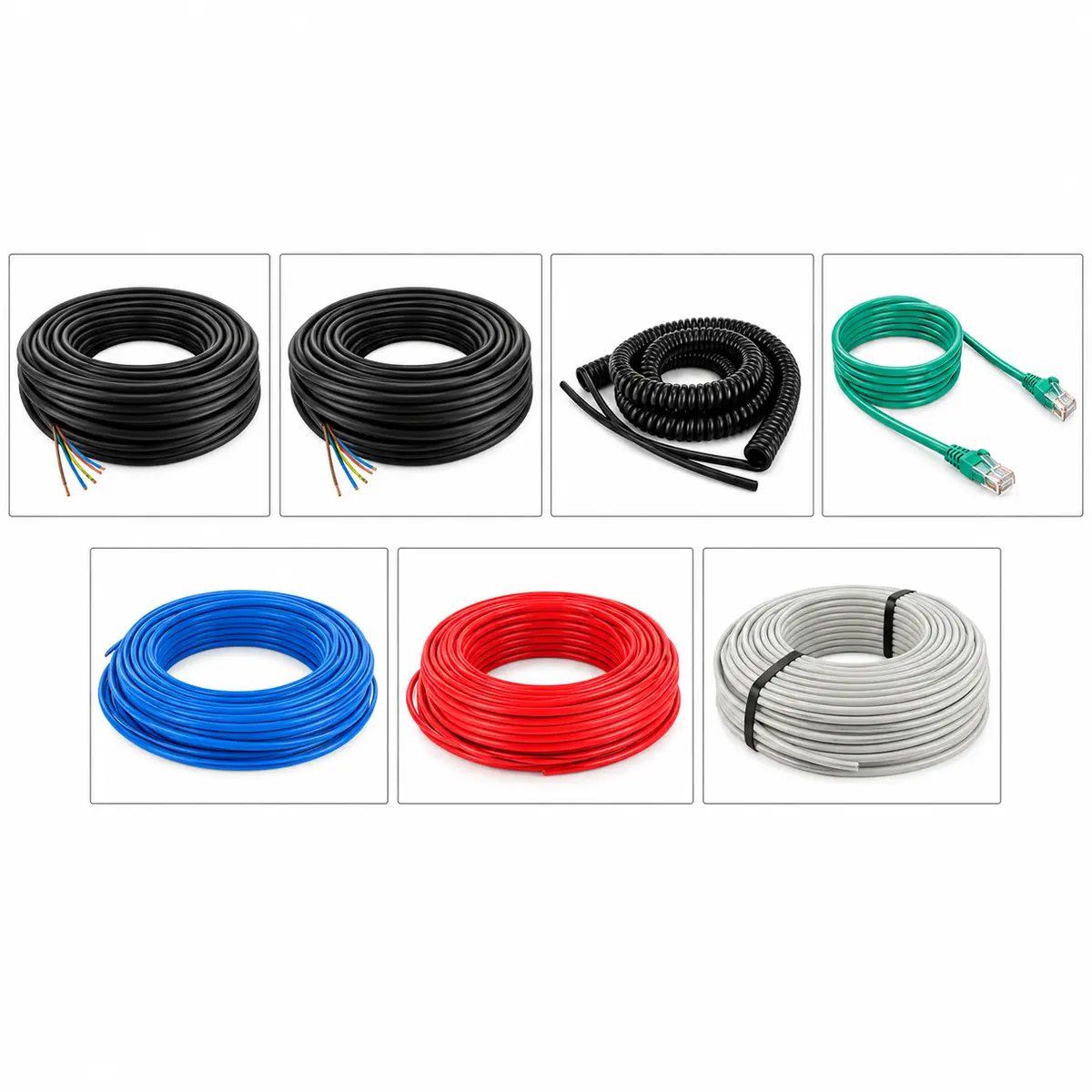Assortiment de câbles électriques et câble réseau RJ45 en couronnes